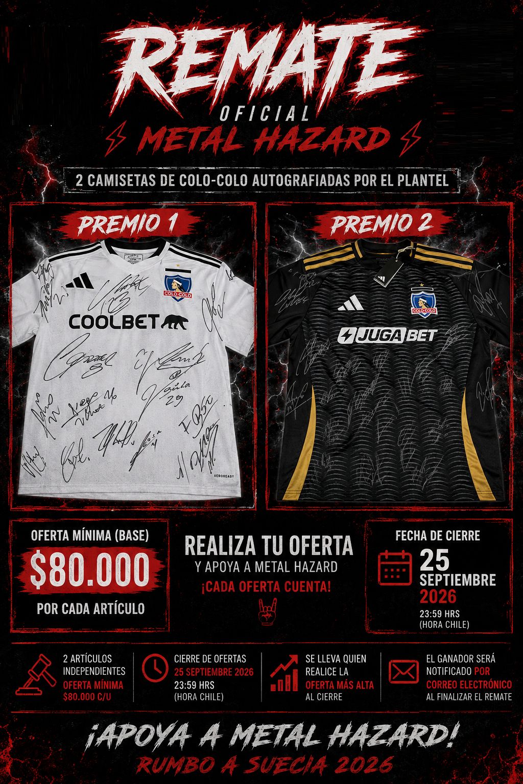 Remate oficial Metal Hazard - camisetas Colo-Colo autografiadas